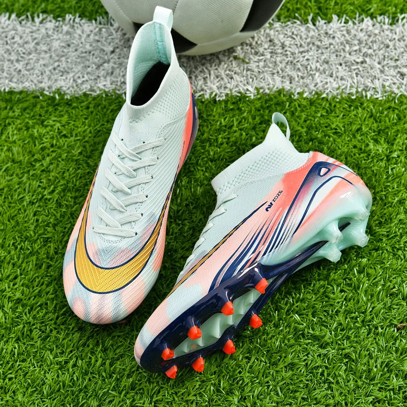 Gold Plated High Top Football Shoes Men Women Training Sports Shoes Breathable Anti Slip Cross Border Large Size Football Boots